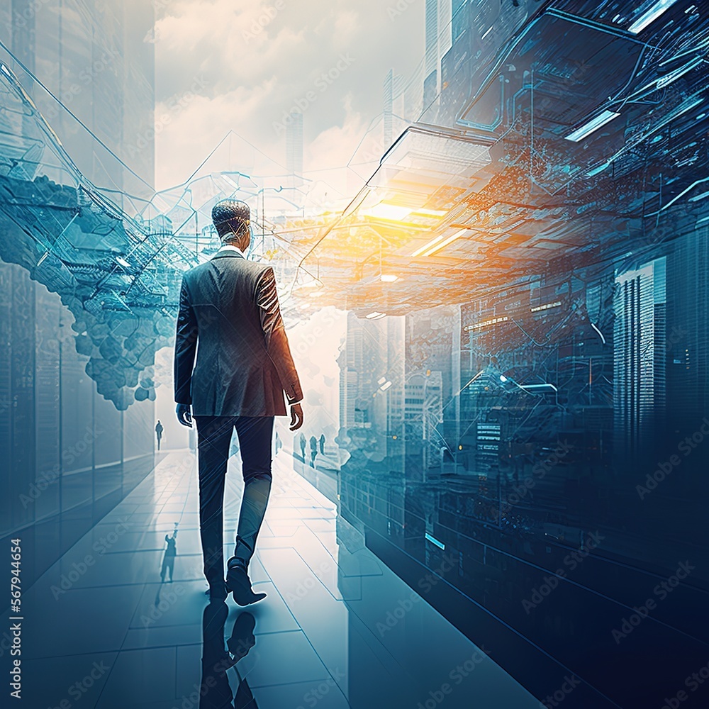 Poster businessman walks through a virtual reality platform to a futuristic smart city of opportunity, comp