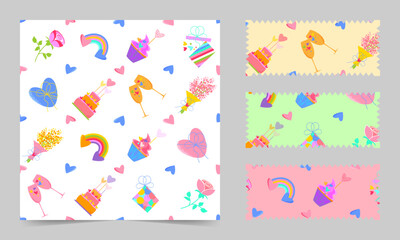 Fototapeta na wymiar Trendy bright seamless pattern with love symbols, hearts, flowers, cakes, gifts. Isolated, with previews on different backgrounds.