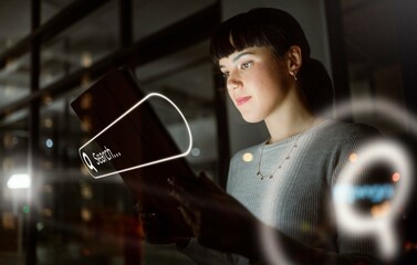 Digital marketing, overlay or woman networking to search for web design on internet, website or online in office. Night, tablet or focused employee researching SEO information or data analysis on iot