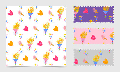 Fototapeta na wymiar Seamless pattern with bouquets of flowers, hearts, gifts. Bright, colorful, isolated, with previews on different backgrounds.