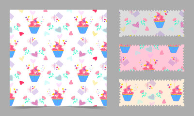 Seamless pattern with different hearts, gifts, cakes. Bright, colorful, isolated, with previews on different backgrounds.