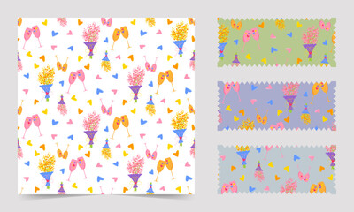 Seamless pattern with heart, bouquet, love symbols. Bright, colorful, isolated, with previews on different backgrounds.
