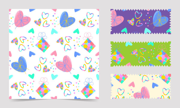 Seamless pattern with rainbow hearts, gifts, confetti. Bright, colorful, isolated, with previews on different backgrounds.
