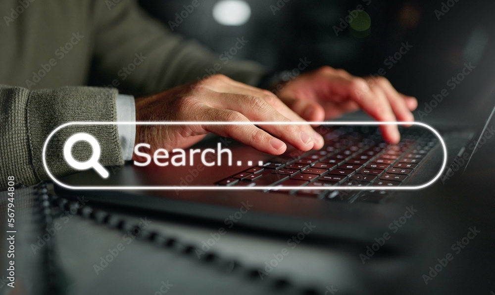 Poster laptop, overlay or hands typing to search web design on internet, business website or online in offi