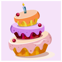 vector illustration of a bright cake with a candle. Illustration for birthday, for printing on postcards and stickers, label, logo of a confectionery company.

