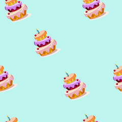 seamless pattern Vector illustration of birthday cake. Design printing on gift boxes, toys, books and notebooks, children's clothing.
