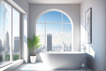 Obraz na płótnie Canvas Bright bathroom interior with bathtub, empty white poster, and window with a view of the city. concept of spa treatments and hygiene for health. Generative AI
