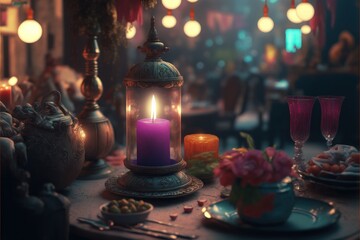 Romantic Candle Dinner At Colorful Otherworldly Marketplace (generative AI)