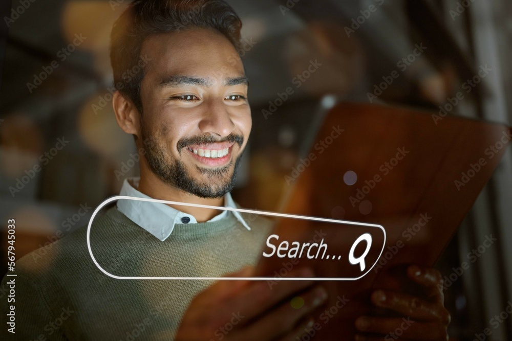 Poster digital marketing, overlay or man networking to search for content on internet, website or online in