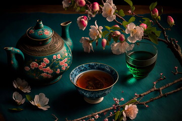 Traditional Asian tea ceremony apple blossom flowers. Generative AI - obrazy, fototapety, plakaty