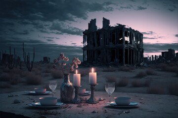 Romantic Candle Dinner At Desolate Wasteland With Abandoned Buildings (generative AI)