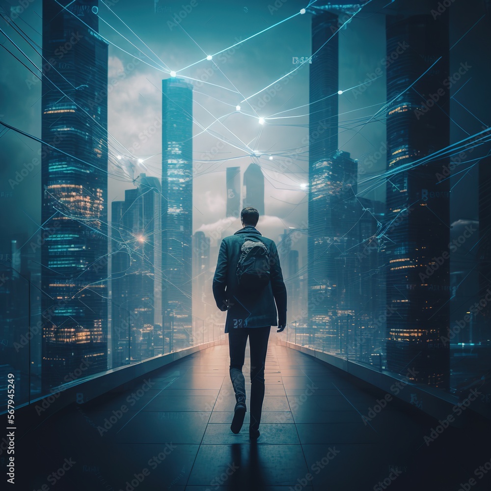 Poster businessman walks through a virtual reality platform to a futuristic smart city of opportunity, comp