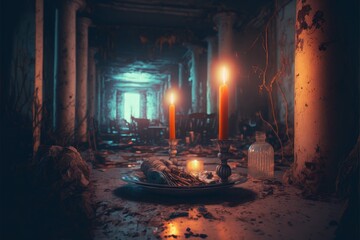 Romantic Candle Dinner At Inside Of A Decaying Infrastructure (generative AI)