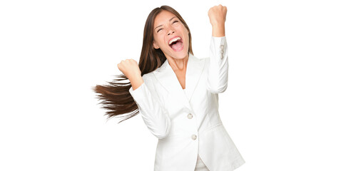 Happy winner - success business woman celebrating screaming and dancing after winning. Beautiful Chinese Asian / Caucasian businesswoman isolated cutout PNG on transparent background. - 567945821