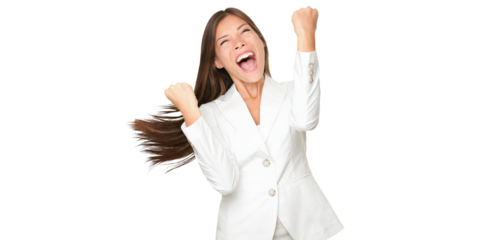 Happy winner - success business woman celebrating screaming and dancing after winning. Beautiful Chinese Asian / Caucasian businesswoman isolated cutout PNG on transparent background.