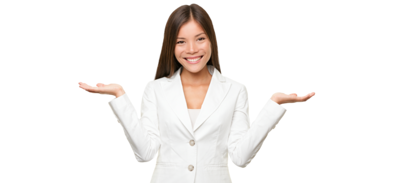 Showing business woman with open hand palms for copy space for two products. Businesswoman in white suit isolated cutout PNG on transparent background. Happy Chinese Asian / Caucasian female model. - Powered by Adobe