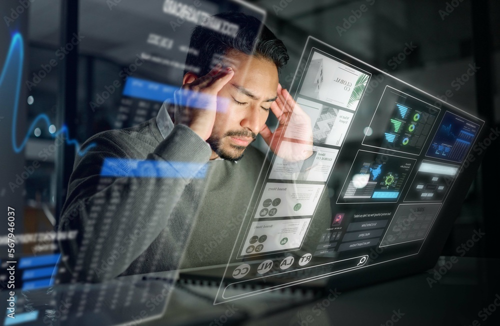 Poster overlay, dashboard or trader with stress, headache or burnout from trading data, bad investment or s