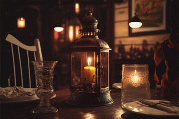 Naklejka na ściany i meble Romantic Candle Dinner At Old West Saloon (generative AI)