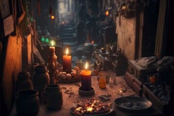 Fototapeta premium Romantic Candle Dinner At Overcrowded Slum (generative AI)
