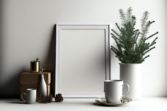 Festive Christmas home decor. Blank vertical wooden picture frame mockup, tiled floor. Pine tree branches, vase, cup of coffee and old books. White hall background. Empty template, gift wrapping paper