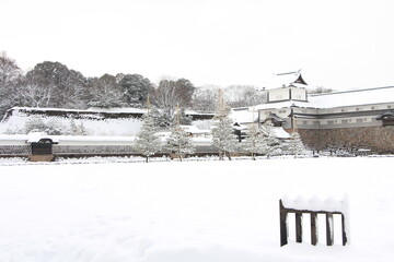 Beautiful Winter Scenery of Kanazawa Castle After Heavy Snowfall in Japan