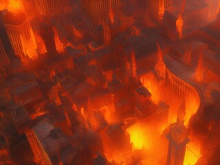 a city is shown with a lot of fire in the air and buildings in the background.generative Ai.