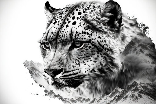 Irbis head of the snow leopard with a double exposure effect. Generative AI