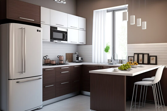 Modern style kitchen interior design,White and brown modern kitchen. Generative AI