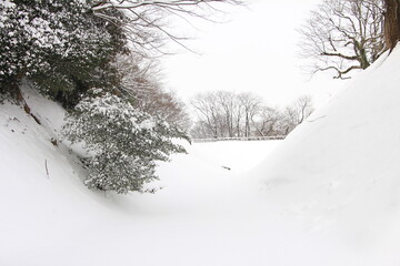 Beautiful Winter Scenery of Kanazawa Castle After Heavy Snowfall in Japan