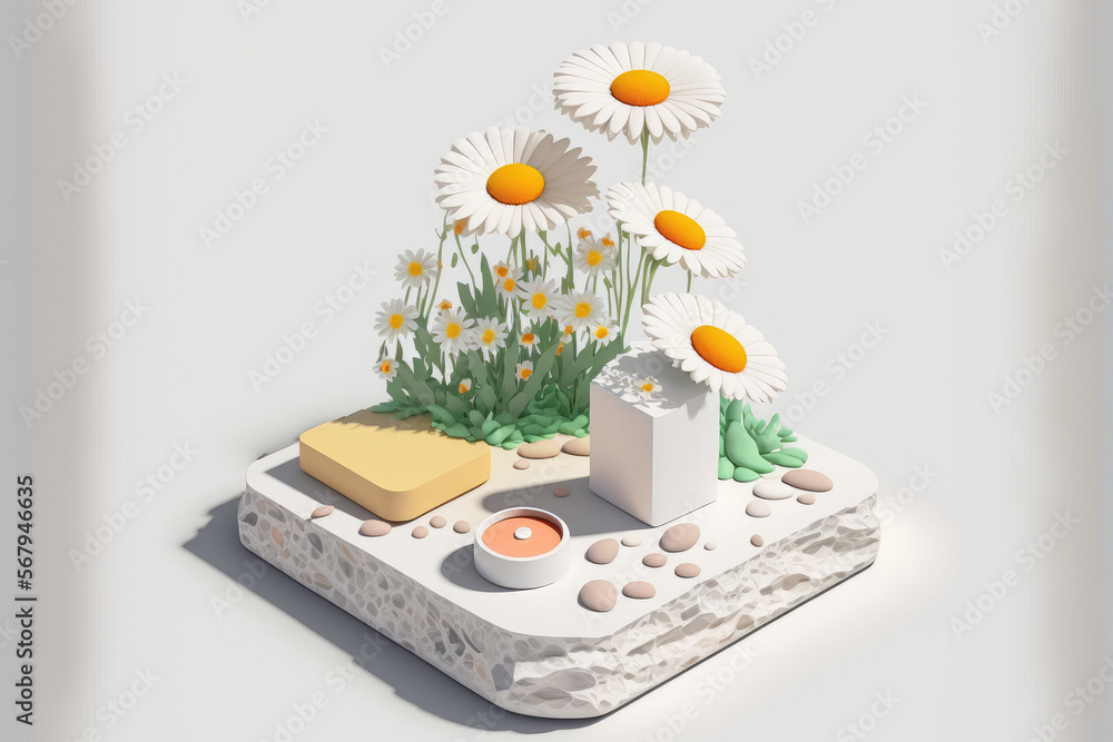 Sticker a stone platform, a white background, and a cosmetic display stand with daisy bloom flowers. Generative AI