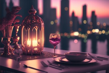 Romantic Candle Dinner At Futuristic Cityscape (generative AI)