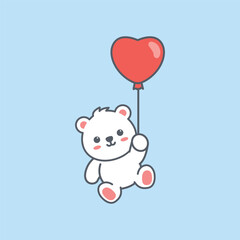 Cute polar bear holding heart balloon, vector illustration