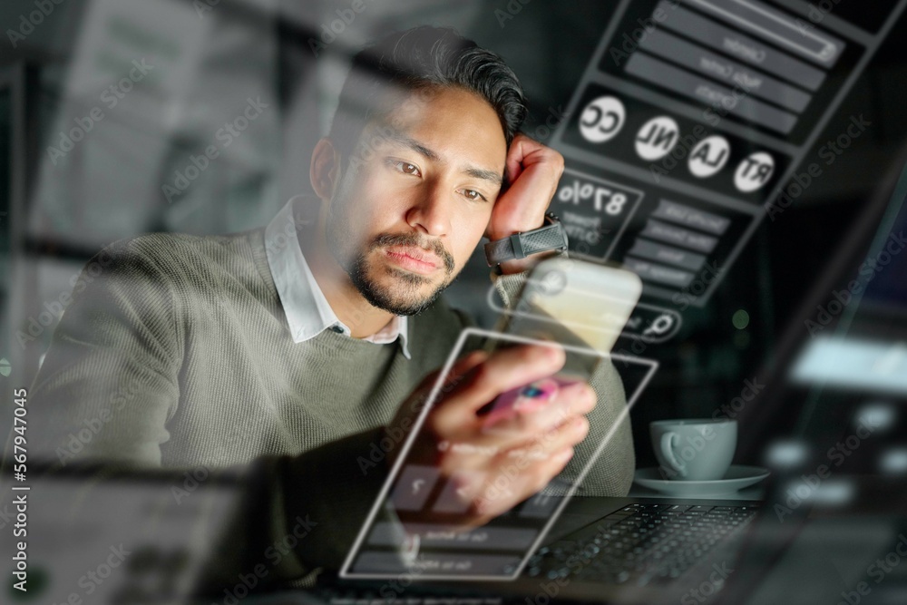 Leinwandbilder phone, overlay or man reading news on financial website or searching for investment in stock market.