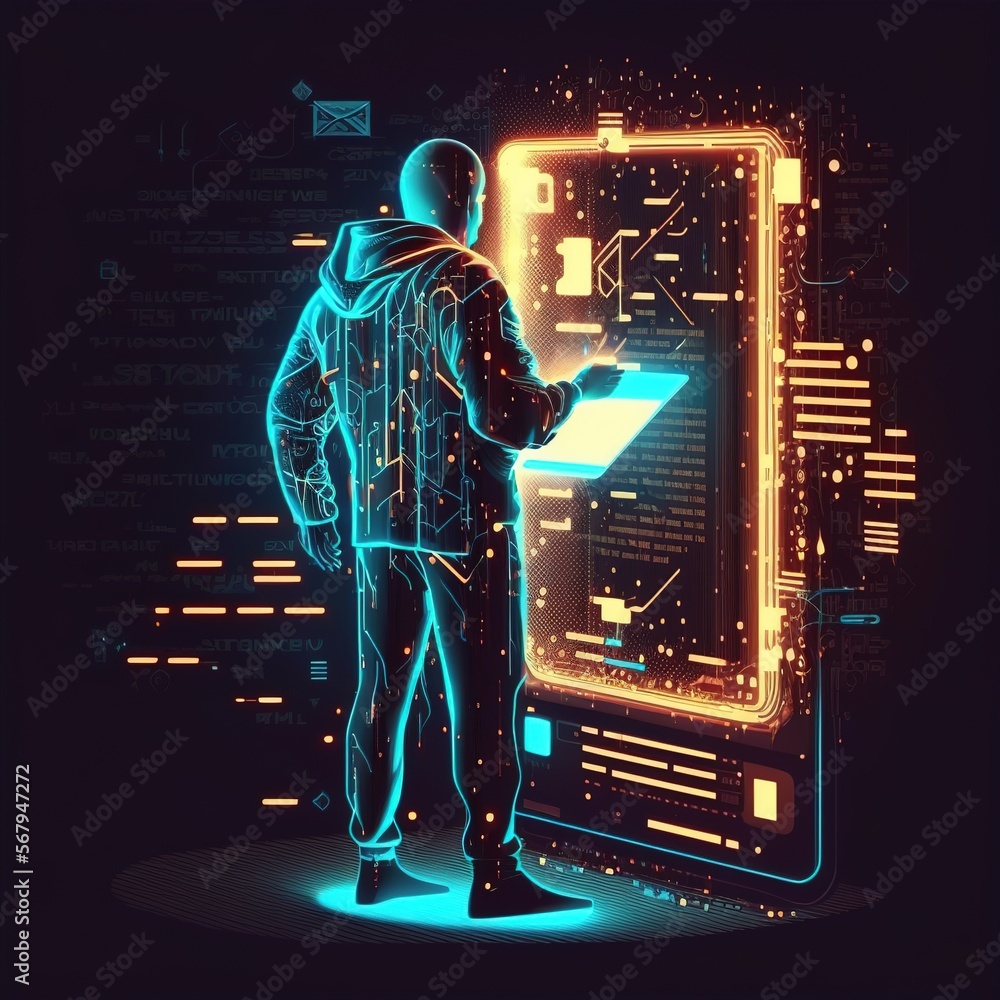 Poster cyber security and coding, with a vision for big data, technology, and digital innovation. male in f