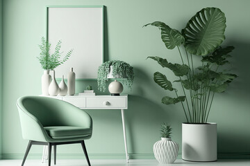 Interior of the room in plain monochrome pastel green color with furnitures and room accessories. Light background with copy space. for web page, presentation or backgrounds. Generative AI