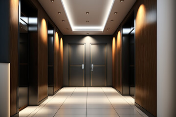 Two elevators are located inside the lobby, which has wood floors. Generative AI