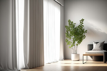 Interior design of a contemporary room with drapes and plants. Generative AI
