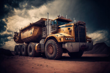 A large transport truck is prepared for a major mine work. Added vignetting and low saturation. Generative AI