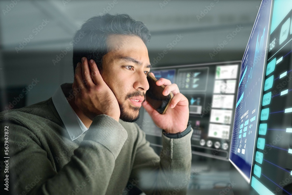 Poster stress, dashboard or stock market or man on a phone call for trading data, bad investment or global 
