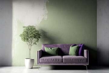 Horizontal livingroom with mockup empty gray plaster wall stucco microcement or concrete. Very peri lavender chair color. Lounge room modern design interior home with olive green sofa. Generative AI