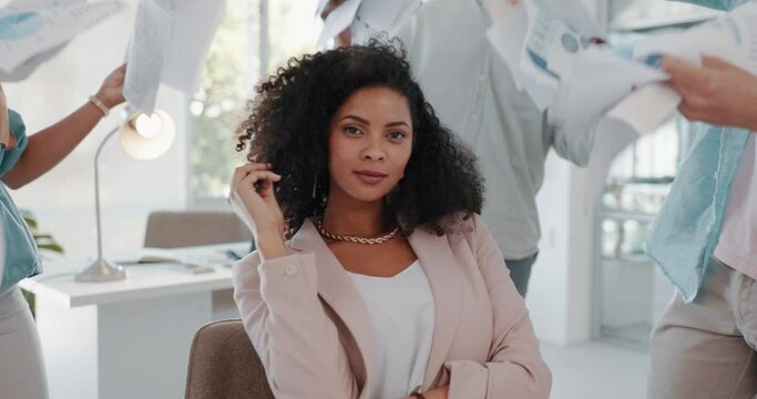 Black woman, boss and office with paper fan, team or hands with serious face for power leadership. Selfish corporate queen, ego or staff with documents for wind, help or support for narcissist leader