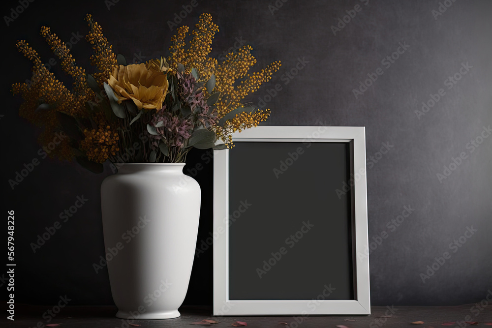 Poster vase with empty photo frame on table in front of dark wall. generative ai