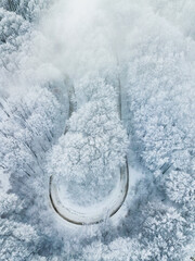 Aerial view of the road through the snow covered forest in the foggy mountains. Travel and transportation concept.