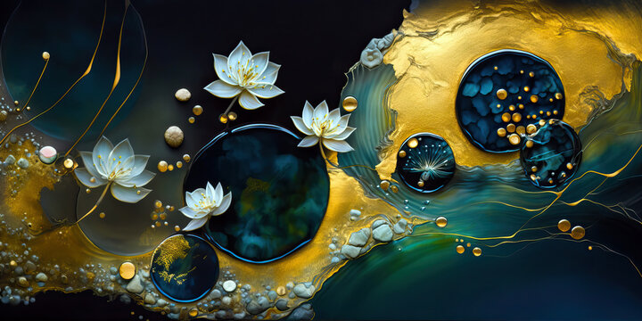 Delightful banner whit lotus flowers, flowing gold and vibrant seaglass drops. Natural luxury fluid painting for cosmetics, spa, perfume, beauty salon, travel agency, florist shop. Generative AI.