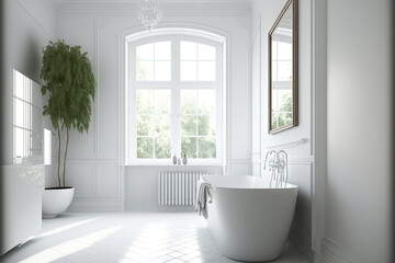 Interior of a bathroom in a white room with a bathtub and a white wall. Generative AI