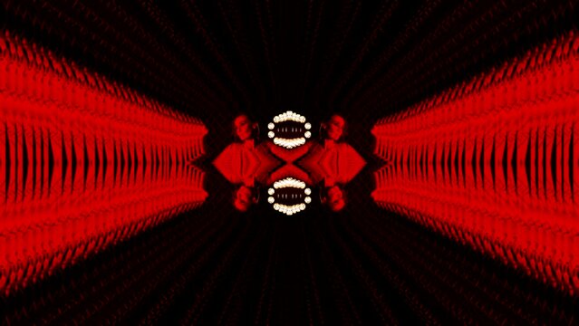 Mirror collage portrait of a woman in a tunnel of mystical narcotic sleep in neon red light