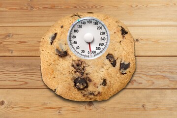 Chocolate tasty sweet cookie on weight scale.