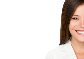 Asian woman. Business woman closeup portrait of happy smiling young businesswoman in white suit. Professional young Caucasian / Chinese Asian woman isolated cutout PNG on transparent background.