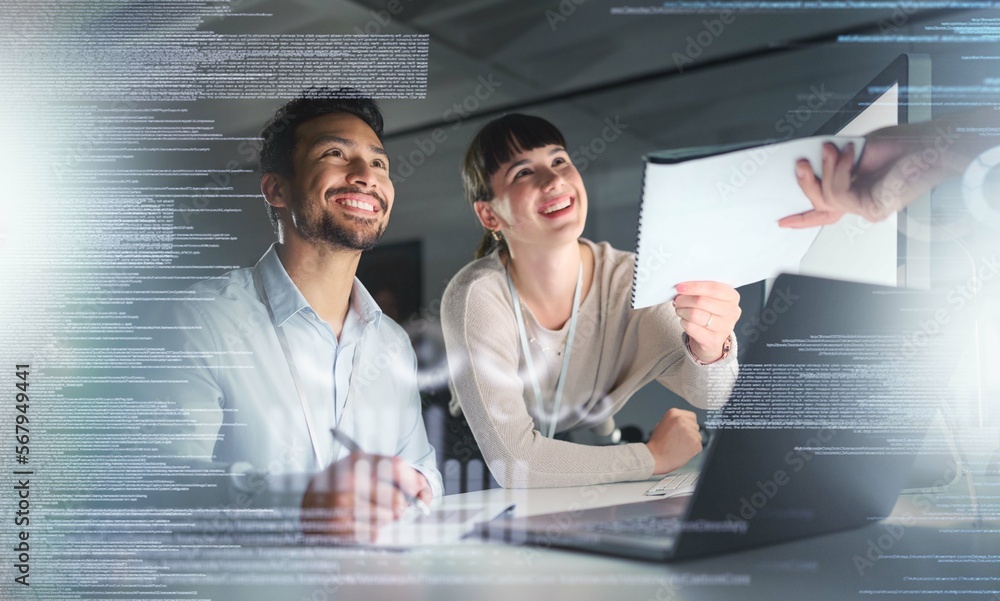 Aufkleber Information technology, overlay and team with documents on laptop for tech development, programming and coding. Networking, developer and man and woman smile with paperwork, project and data report