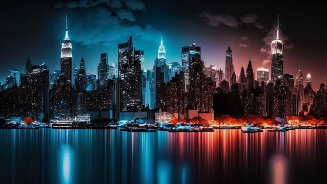 Computer wallpaper. Beautiful and colorful city skyline. Night time with a river reflecting the colors.